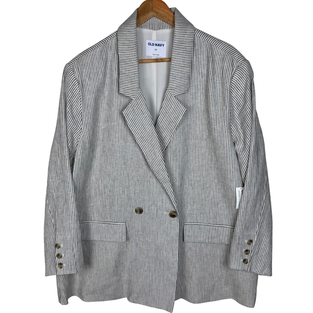 NWT Old Navy Double Breasted Linen Blend Striped Blazer Women 2X Charcoal Career